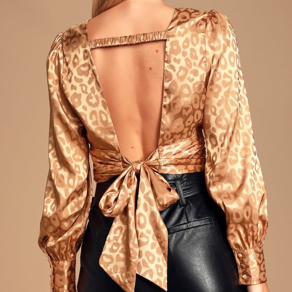 Lulu’s Tan Satin Leopard Print Tie-Back Crop Top - Picture 3 of 4